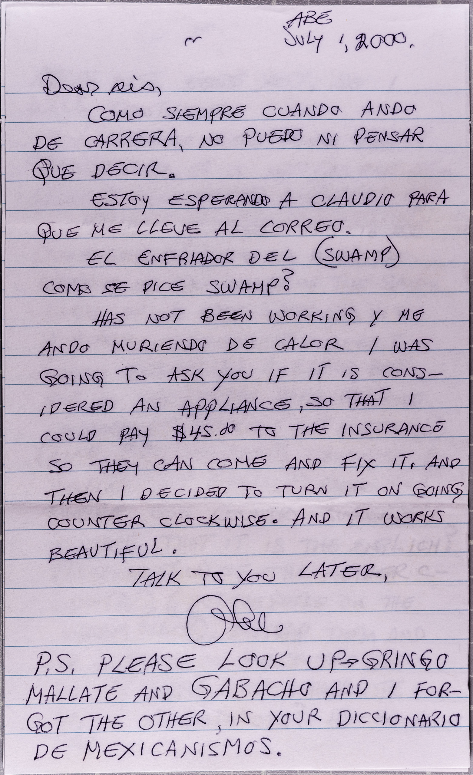 photo of a letter from Abe Perez (Reno, Nevada) to Cecilia P. Zucman (Monterey Park, CA) postmarked 13 July 2000.